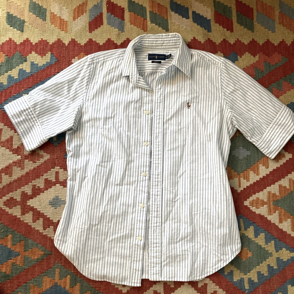 Ralph Lauren white and blue striped short sleeve Oxford shirt